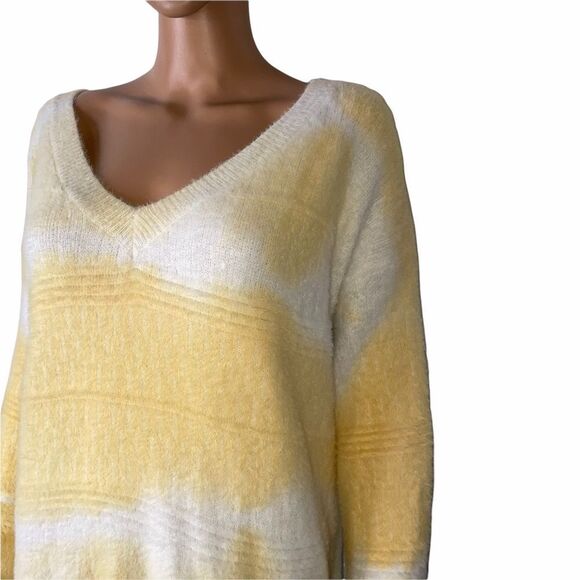 Lumiere Fuzzy sweater V-neck tie died print sweater SZ L yellow/white- - Picture 4 of 12